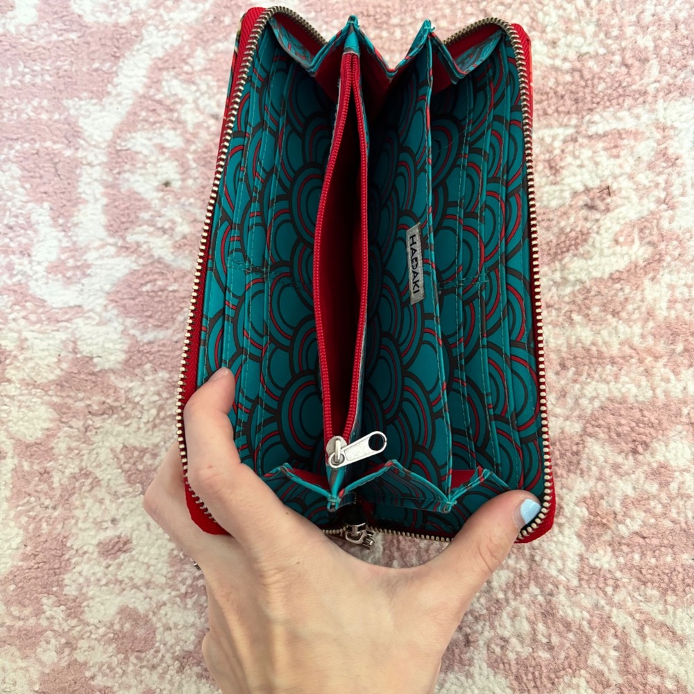 Hadaki Red Floral Coated Canvas Zip Around Long Wallet Organizer Teal Interior - Picture 2 of 4